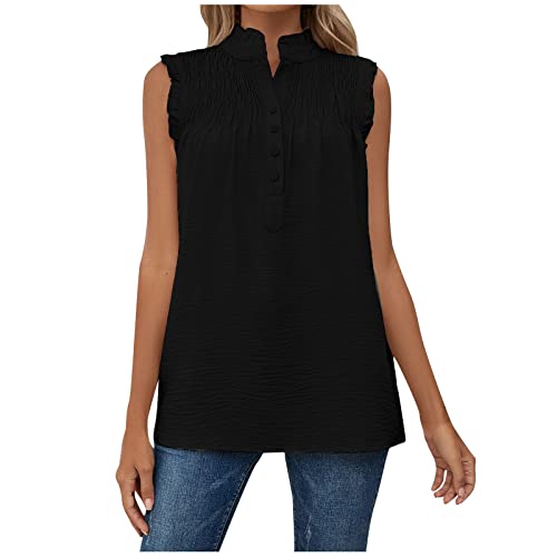 hemd jacke damen tshirt damen schwarz tshirt v ausschnitt sexy Einfarbig Stehkragen Plissiert Patchwork Tanktop Chiffon Bluse mit Knöpfen Sommer Ärmellos Tunika Blusentop bluse ärmellos (Schwarz, L) von Vasreyy