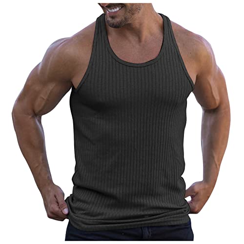 muskelshirts Herren Sport Tshirts Herren Herren Hoodie Baumwolle Einfarbig Feinripp Ärmellose U Ausschnitt Tank Top Racerback Shirt Gym Fitness Muskelshirt Bodybuilding Shirt Tops (Dunkelgrau, M) von Vasreyy