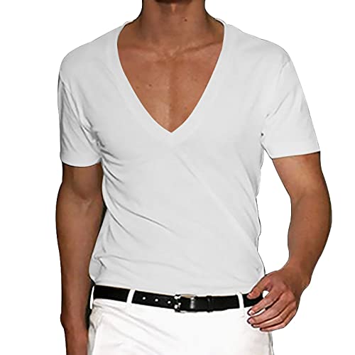 schwarzes Hemd Herren Kompressionsshirt Herren Hemd Herren Weiss Einfarbig Tiefer V-Ausschnitt Kurzarm T-Shirts Sport Shirt Frühling und Sommer Casual Kurzarmshirt Tees Tops y2k (Weiss, L) von Vasreyy