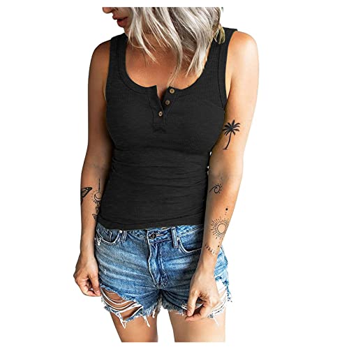 schwarzes top Damen Sommer Oberteile Damen top Damen schwarz Einfarbig Gerippt U Ausschnitt Trägershirt Camisole mit Knöpfen Slim Ärmellos Weste Tops Cami Top Shirts Damen (Schwarz, S) von Vasreyy