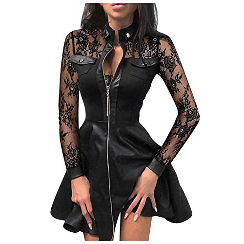 sommerkleid damen weisses kleid damen hochzeitsgast kleid damen Mesh Lace Patchwork Einfarbig Lederkleid mit Reißverschluss Minikleid mit Tasche Lange Ärmel Kurz Kleid sommerkleider lang (Schwarz, L) von Vasreyy