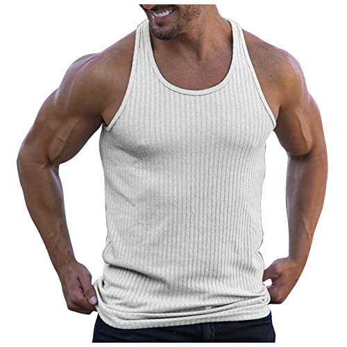 sportbekleidung Activewear für Herren Herren unterhemden Weiss Baumwolle Einfarbig Feinripp Ärmellose U Ausschnitt Tank Top Racerback Shirt Gym Fitness Muskelshirt Bodybuilding Shirt (Weiss, XXL) von Vasreyy