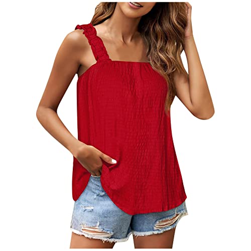 t Shirt schwarz Tanktops Frauen Sport Sommer t-Shirt Damen Breite Träger Elegant Einfarbig Rückenfrei Quadratischem Kragen Trägertop Camisole Sommer Casual Ärmellose Plissee Crop Tops (Verrotten, XL) von Vasreyy