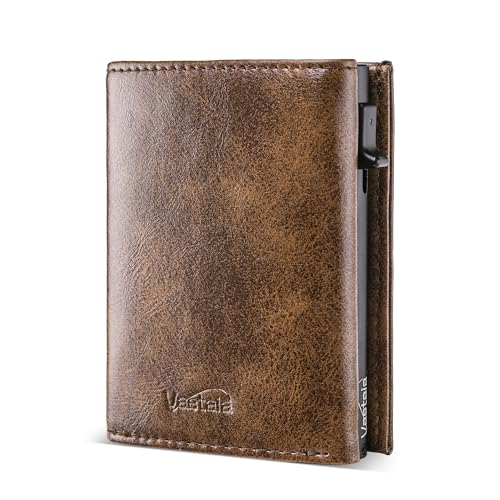Vastaia Kreditkartenetui Geldbörse Herren Leder Klein Mit Münzfach | Portmonee Herren Und Damen Slim mit RFID-Schutz | Slim Wallet Kreditkartenetui mit münzfach (Retro-Dunkelbraun) von Vastaia