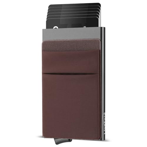 Vastaia Pop Up Kartenetui mit Münzfach 9 Karten,Kartenhalter mit RFID Wallet,Mini Kreditkartenetui aus Aluminium,Credit Card Holder Slim Wallet, Smart Portmonee,Herren Geldbörse Damen,Kaffeebraun von Vastaia
