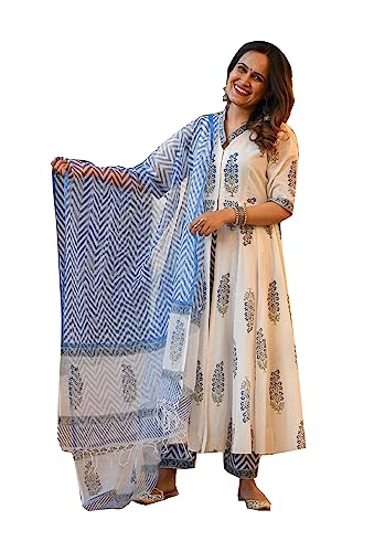 Kurta-Set für Damen, indische Tunika-Oberteile, Baumwolle oder Viskose, Kurti mit Palazzo-Hose, Partykleidung, Cremeweiß, Medium von Vastraghar