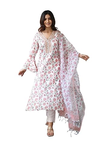 Kurta-Set für Damen, indische Tunika-Oberteile, Baumwolle oder Viskose, Kurti mit Palazzo-Hose, Partykleidung, pink / weiß, Medium von Vastraghar