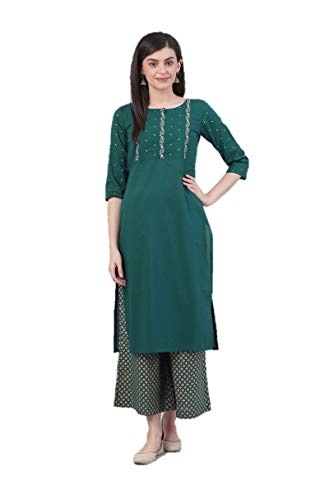 Kurta-Set für Damen, indisches Tunika-Top, Baumwolle oder Rayon, Kurti mit Palazzo-Hose, Partykleidung, Grün und Gold., X-Large von Vastraghar