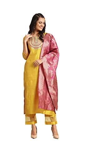 Kurta-Set für Damen mit Dupatta Partykleidung Indische Kurti Tunika Tops Set für Damen mit Palazzohose Hose, Senfgelb und Rosa, XX-Large von Vastraghar