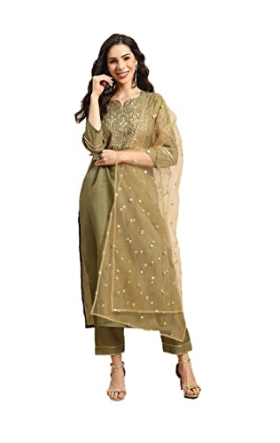 Kurta-Set für Frauen mit Dupatta-Partykleidung, indisches Kurti-Tunika-Top-Set für Frauen mit Palazzo-Hose, Hose, Olivgrün & goldfarben, XX-Large von Vastraghar