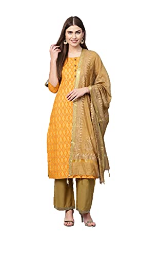 Kurtis Set für Damen mit Dupatta, Partykleidung, indisches Designer, Kurti-Kleid, Top, Tunika, Kurta mit Hose, Palazzo-Set, Gelb und Braun, X-Large von Vastraghar