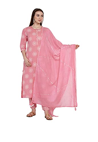 Kurtis Set für Damen mit Dupatta, Partykleidung, indisches Designer, Kurti-Kleid, Top, Tunika, Kurta mit Hose, Palazzo-Set, pink / weiß, Large von Vastraghar