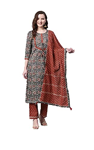 Kurtis Set für Damen mit Dupatta, Partykleidung, indisches Designer, Kurti-Kleid, Top, Tunika, Kurta mit Hose, Palazzo-Set, Taupe & Rost, Small von Vastraghar