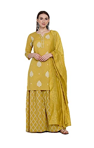 Kurtis-Set für Damen mit Dupatta Partykleidung Indische Designer Kurti Kleider Top Tunika Kurta mit Hose Palazzos Set, gelb / weiß, Medium Kurtis-Set für Damen mit Dupatta Partykleidung Indische Designer Kurti Kleider Top Tunika Kurta mit Hose Palazzos Set, gelb / weiß, Medium von Vastraghar
