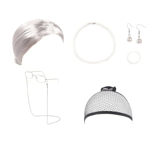 Vastsea 7 Stück Oma Perücke Kostüm Accessoire Set, Old Lady Kostüm Set, Alte Dame Cosplay Set, Oma Brille mit Perlen Armband Perlenkette Zubehör, für Halloween Karneval Fasching Deko (Silber) von Vastsea