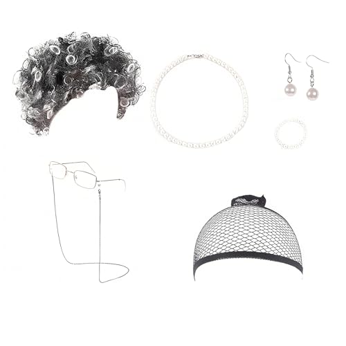 Vastsea 7 Stück Oma Perücke Kostüm Accessoire Set, Old Lady Kostüm Set, Oma Brille mit Perlen Armband Perlenkette Cosplay Zubehör, für Fasching Karneval Halloween(Schwarzes und Weißes Lockiges Haar) von Vastsea
