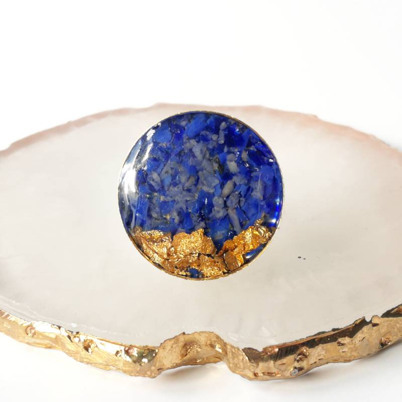 Lapis Lazuli Statement Ring Verstellbare Goldflocken Edelstein | 25 Mm von VasyaBoutique