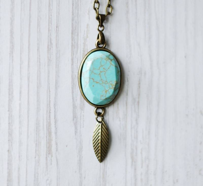 Türkis Halskette Boho Vintage Style Festival Schmuck Antik Bronze Mint Grün Anhänger von VasyaBoutique