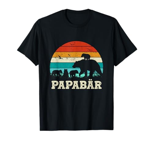 Retro Vater Baby Sohn Tochter Vier Kinder Vatertag Bär Papa T-Shirt von Vatertagsgeschenk Geburtstag Bester Papa Geschenk