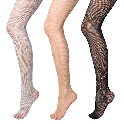 Vathery Damen-Netzstrumpfhose, 3er-Pack, glitzernde Strass-Strass-Strumpfhose, Kristall-Glitzer-Netzstrümpfe, Schwarz von Vathery