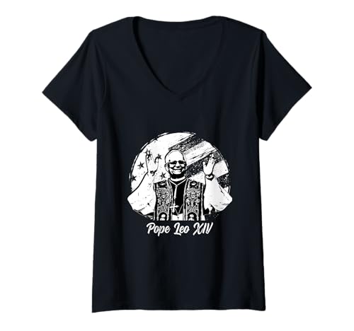 Damen Papst Leo 14, Papst Leo XIV, Amerikanische Flagge Sonnenuntergang T-Shirt mit V-Ausschnitt von Vatican USA Flag for American Catholics