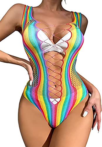 Vatocu Damen-Bikini Regenbogenfarben Fischnetz Bademode Cover-Ups Pride-Tag Strandkleid Tunika-Kleid Party Clubwear Kleid(Regenbogen 2) von Vatocu