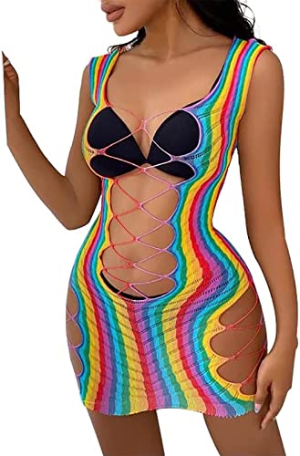 Vatocu Damen-Bikini, Regenbogenfarben, Fischnetz, Bademode, Cover-Ups, Pride-Tag, Strandkleid, Tunika-Kleid, Party, Clubwear, Kleid, Rainbow 2, Einheitsgröße (Regenbogen 4) von Vatocu