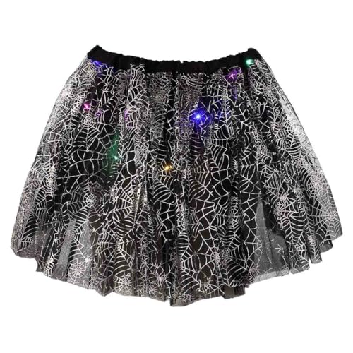 Vatocu Damen Halloween LED Tutu Rock Leuchtende Tutus Spinnennetz Mehrlagiger Tüll Ballett TanzrockTag der Toten Partykostüm für Damen und Mädchen (Schwarz und Silber) von Vatocu