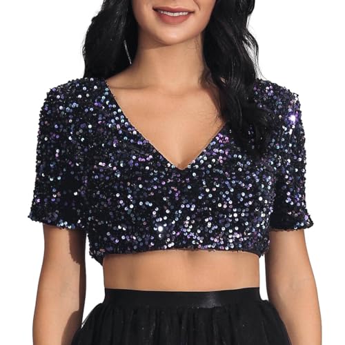 Vatocu Damen Pailletten Crop Top Glitzer Tops Rave Costume Glänzend Oberteil Party Clubwear T-Shirt für Frauen (DE/NL/SE/PL, Alphanumerisch, L, Regular, Regular, Schwarz) von Vatocu