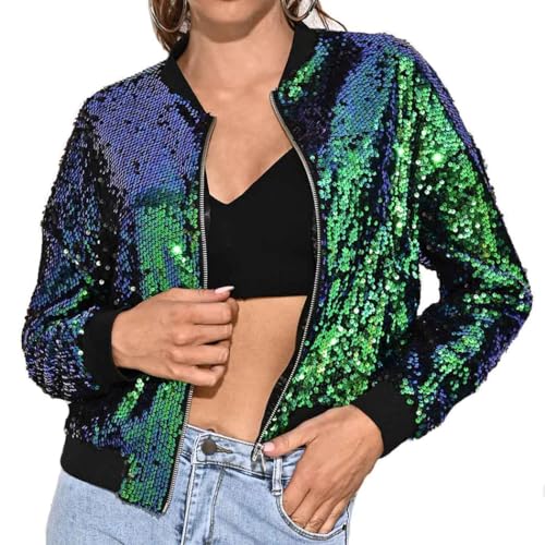 Vatocu Damen Pailletten Jacke Glitzer Langarm Cardigan Glänzend Reißverschluss Bomberjacke Party Rave Outfit (DE/NL/SE/PL, Alphanumerisch, S, Regular, Regular, Grün) von Vatocu