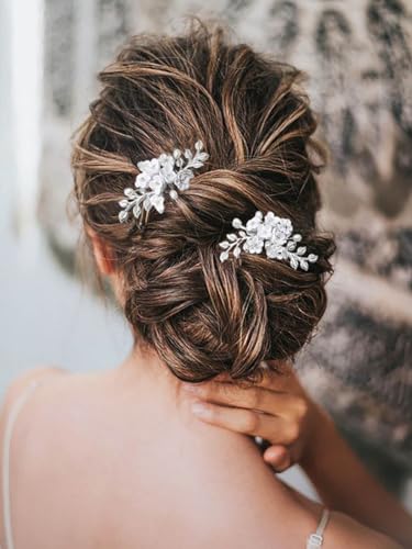 Vatocu Blume Braut Haarnadel Blatt Kopfschmuck Perlen Silber Braut Haarschmuck für Frauen von Vatocu