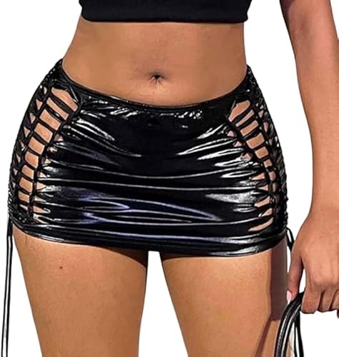 Vatocu Sexy Metallic-Minirock Glitzer,zum Binden,ausgeschnittener Rock,elastisch,gerüscht,Club,Figurbetonter Rock,Party,sexy Kostüm für Damen (as3, Alpha, m, Regular, Regular, Schwarz) von Vatocu