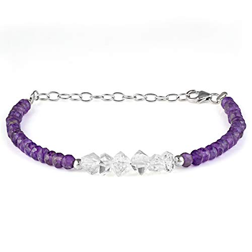 Vatslacreations Zierliches Amethyst- und Herkimer-Diamant-Armband, Geburtsstein Februar, Edelstein-Armband, Kristall-Armband, Amethyst-Schmuck, Aura-Reinigung, Reinigung von Vatslacreations