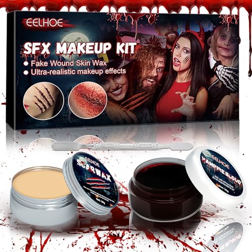 Vautvis Kunstblut Halloween, Kunstblut Auswaschbar Für Haut, Kleidung, Vampir Schminke Set Erwachsene Kinder, Gefälschte Narbe Wunde Für Spezialeffekte Mit Narbenwachs Spachtel Makeup von Vautvis