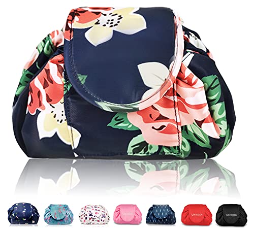 Lazy Kosmetikbeutel mit Kordelzug Portable Große Kosmetiktasche Reisetasche Make up Beutel Aufbewahrung Organisator für Damen Mädchen (Floral) von Vavabox