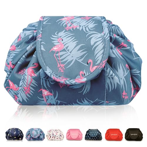 Lazy Kosmetikbeutel mit Kordelzug Portable Große Kosmetiktasche Reisetasche Make up Beutel Aufbewahrung Organisator für Damen Mädchen (Flamingo) von Vavabox