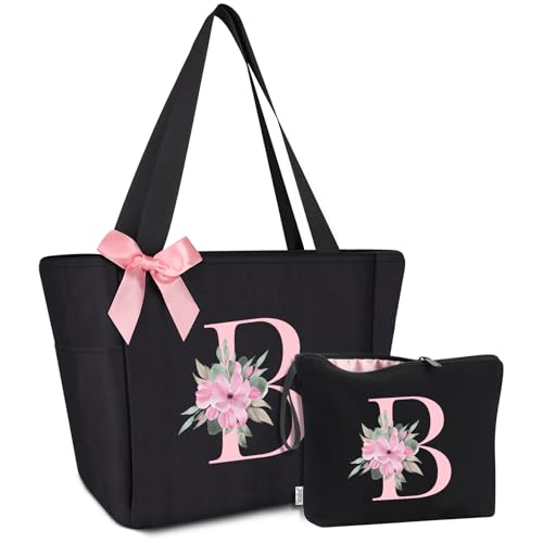 Vavabox A-Z Handtasche Damen,Personalisiert Initialen Tote Bag Set,Geburtstag Brautjungfern Geschenke Für Frauen (B, Schwarz) von Vavabox