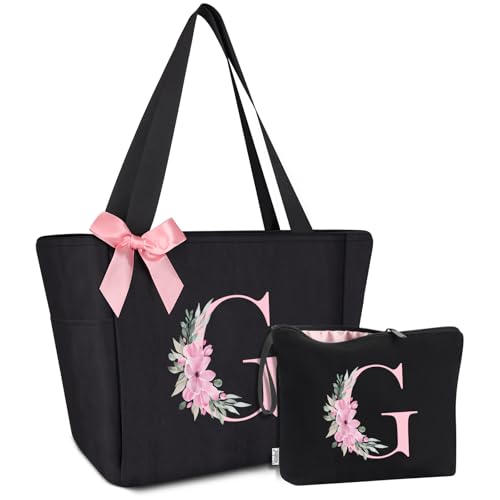 Vavabox A-Z Handtasche Damen,Personalisiert Initialen Tote Bag Set,Geburtstag Brautjungfern Geschenke Für Frauen (G, Schwarz) von Vavabox
