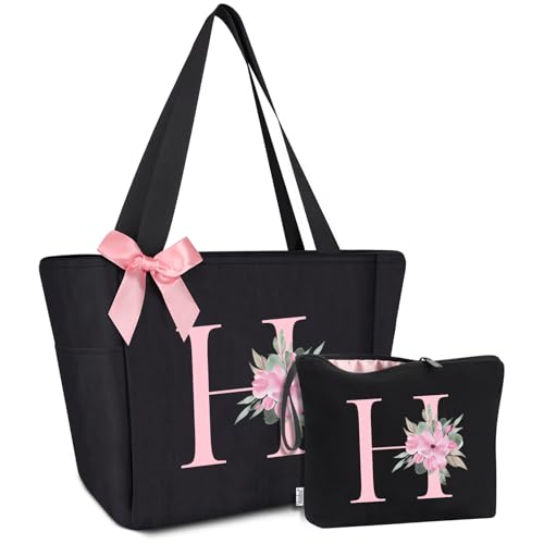 Vavabox A-Z Handtasche Damen,Personalisiert Initialen Tote Bag Set,Geburtstag Brautjungfern Geschenke Für Frauen (H, Schwarz) von Vavabox