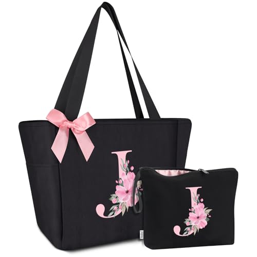 Vavabox A-Z Handtasche Damen,Personalisiert Initialen Tote Bag Set,Geburtstag Brautjungfern Geschenke Für Frauen (J, Schwarz) von Vavabox