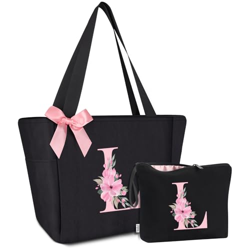 Vavabox A-Z Handtasche Damen,Personalisiert Initialen Tote Bag Set,Geburtstag Brautjungfern Geschenke Für Frauen (L, Schwarz) von Vavabox