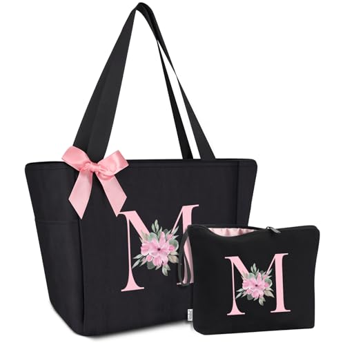 Vavabox A-Z Handtasche Damen,Personalisiert Initialen Tote Bag Set,Geburtstag Brautjungfern Geschenke Für Frauen (M, Schwarz) von Vavabox