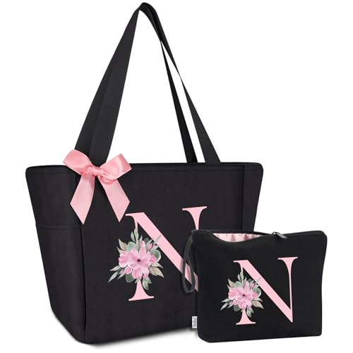 Vavabox A-Z Handtasche Damen,Personalisiert Initialen Tote Bag Set,Geburtstag Brautjungfern Geschenke Für Frauen (N, Schwarz) von Vavabox