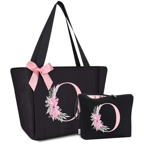 Vavabox A-Z Handtasche Damen,Personalisiert Initialen Tote Bag Set,Geburtstag Brautjungfern Geschenke Für Frauen (O, Schwarz) von Vavabox
