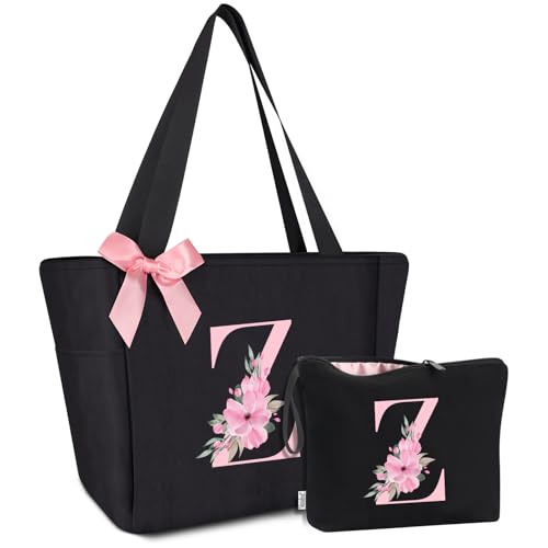 Vavabox A-Z Handtasche Damen,Personalisiert Initialen Tote Bag Set,Geburtstag Brautjungfern Geschenke Für Frauen (Z, Schwarz) von Vavabox