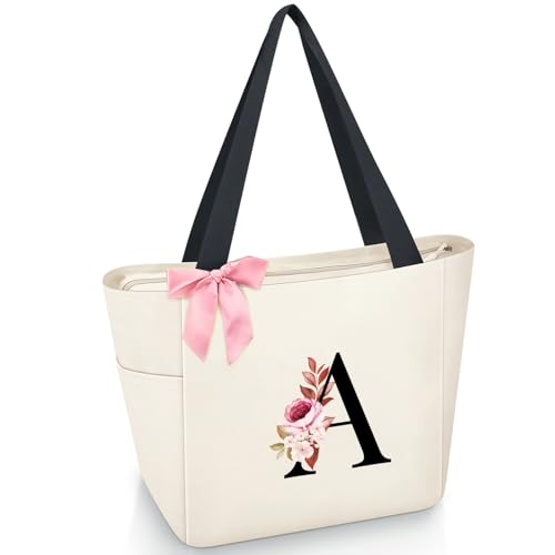 Vavabox Handtasche Damen A-Z Reißverschluss Schultertasche, Geschenke für Damen,Bräute und Brautjungfern, Arbeit,Reisen,Einkaufen,Schule (A, Beige) von Vavabox