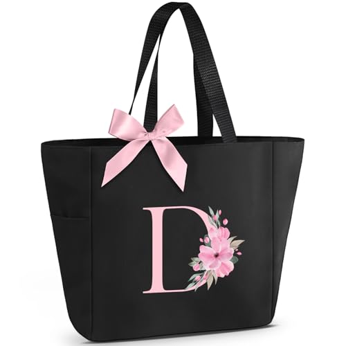 Vavabox A-Z Tote Bag Monogrammierte Tragetasche - Wasserdichte,Geschenke Für Frauen,Braut Und Brautjungfern (D, Schwarz) von Vavabox