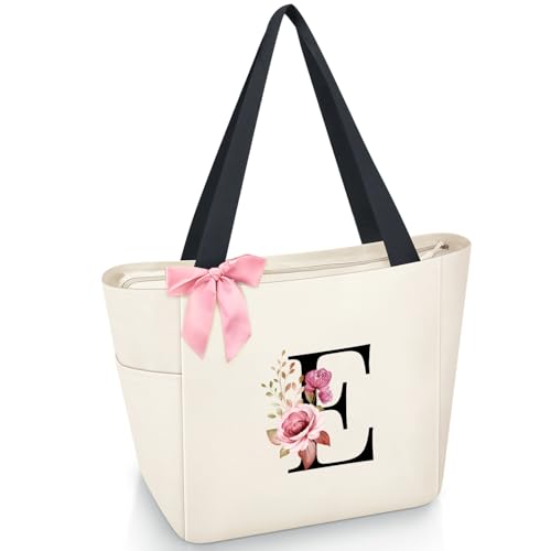 Vavabox Handtasche Damen A-Z Reißverschluss Schultertasche, Geschenke für Damen,Bräute und Brautjungfern, Arbeit,Reisen,Einkaufen,Schule (E, Beige) von Vavabox