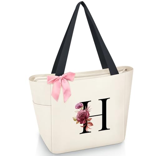 Vavabox Handtasche Damen A-Z Reißverschluss Schultertasche, Geschenke für Damen,Bräute und Brautjungfern, Arbeit,Reisen,Einkaufen,Schule (H, Beige) von Vavabox