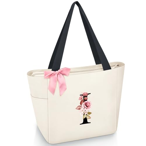 Vavabox Handtasche Damen A-Z Reißverschluss Schultertasche, Geschenke für Damen,Bräute und Brautjungfern, Arbeit,Reisen,Einkaufen,Schule (I, Beige) von Vavabox